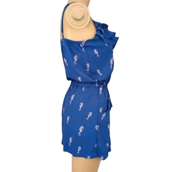 Seahorse Print Romper L Blue One Piece Ruffles Flowy Drawstring Tied Waist - Picture 5 of 16